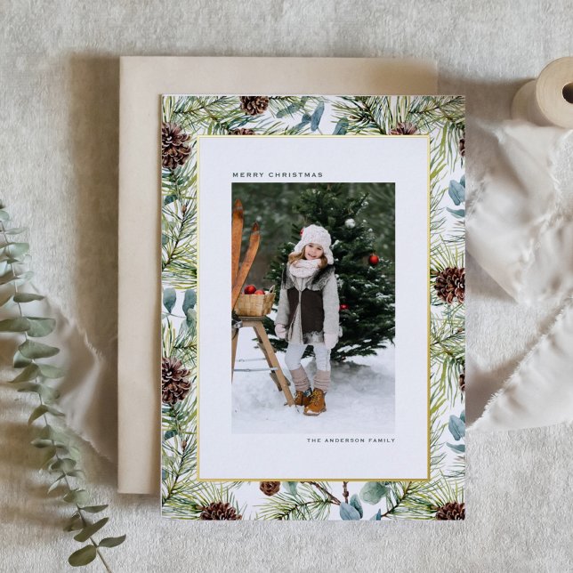 Carte De Vœux En Aluminium Aquarelle Pine et cônes de pin Noël (Créateur téléchargé)