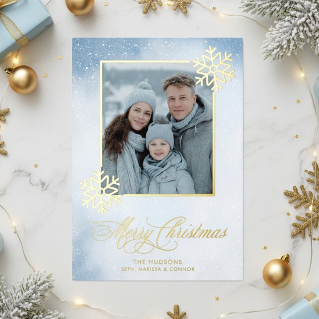 Carte De Vœux En Aluminium Aquarelle Snowflake Blue Photo Joyeux Noël (Créateur téléchargé)