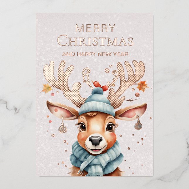 Carte De Vœux En Aluminium Aquarelle Whimsical Christmas Reindeer Rose Gold (Recto)