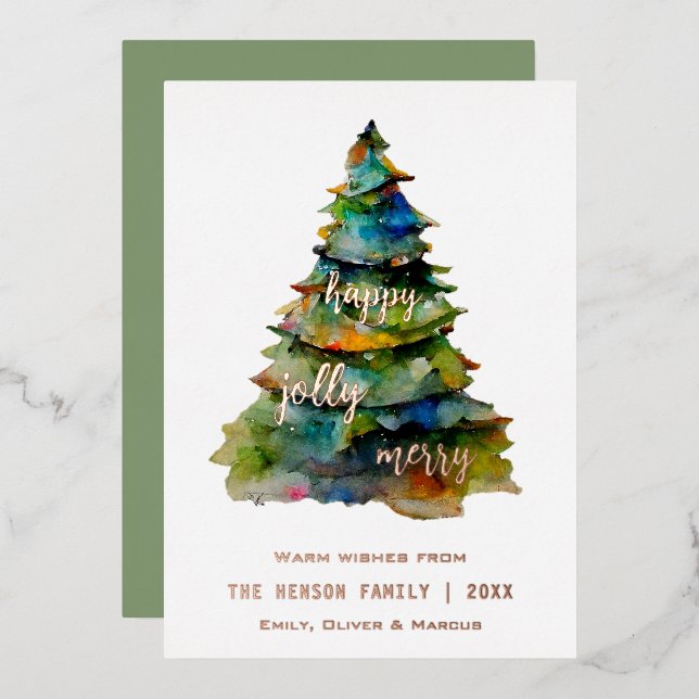 Carte De Vœux En Aluminium Arbre de Noël Aquarelle Joyeux Jolly Happy (Recto/Verso)