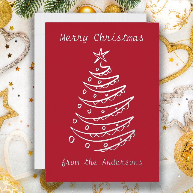 Carte De Vœux En Aluminium Arbre de Noël argenté rouge (Red custom Christmas greeting card with a real silver foil Christmas tree.)