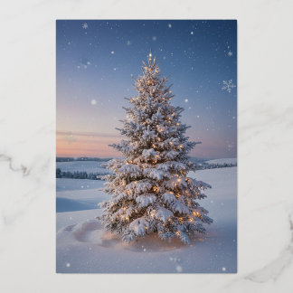 Carte De Vœux En Aluminium Arbre de Noël magique enneigé au coucher du soleil