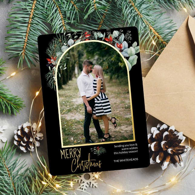 Carte De Vœux En Aluminium Arc moderne vert Joyeux Noël Photo (You will love these beautiful Christmas cards! They feature botanical watercolor pine and berries.)