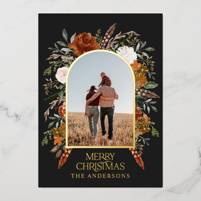 Carte De Vœux En Aluminium Arc noir de Noël photo florale élégante rustique (Recto)