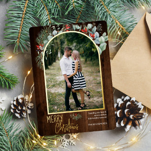 Carte De Vœux En Aluminium Arc vert Joyeux Noël Photo Bois foncé