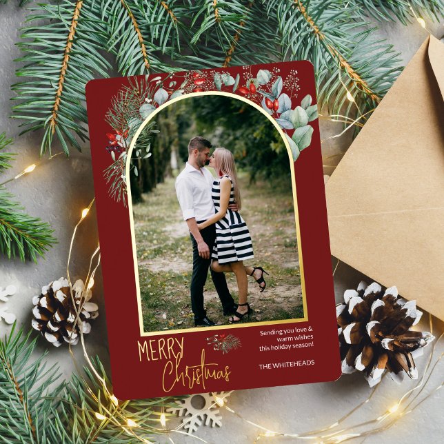 Carte De Vœux En Aluminium Arch Greenery Joyeux Noël Photo Bourgogne (You will love these beautiful Christmas cards! They feature botanical watercolor pine and berries.)