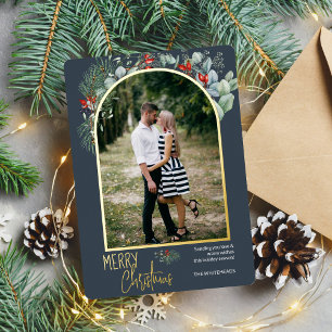 Carte De Vœux En Aluminium Arch Greenery Joyeux Noël Photo Dusty Blue