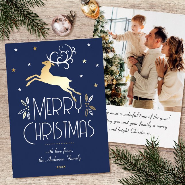 Carte De Vœux En Aluminium Art Déco Reindee de Noël Photo Deep Blue Gold (Créateur téléchargé)