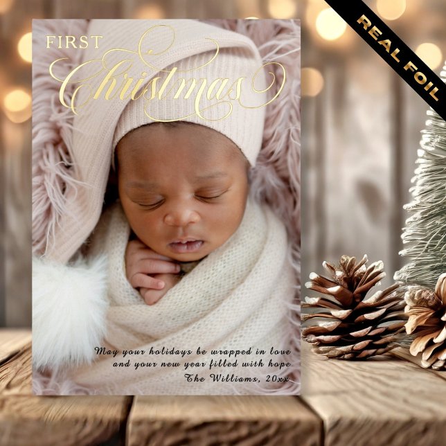 Carte De Vœux En Aluminium Baby’s First Christmas Typography Photo  (Baby’s First Christmas Typography Photo Foil Holiday Card)