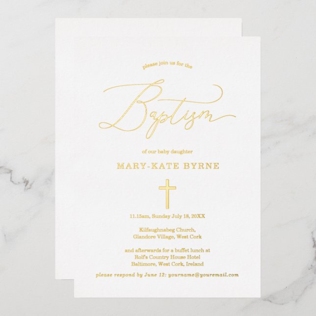 Carte De Vœux En Aluminium Baptême Gold Cross Élégant Faire-part & (Recto/Verso)