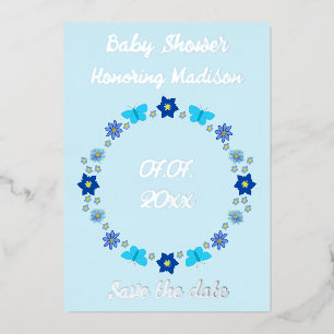 Carte De Vœux En Aluminium Bébé bleu papillons et fleurs Enregistrer la date