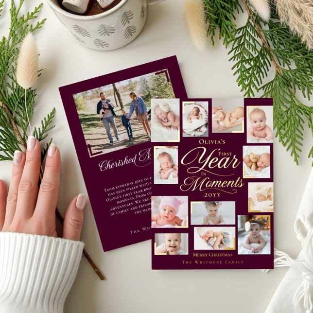 Carte De Vœux En Aluminium Bébé première année en moments Collage photo minim (Baby First Year in Moments Minimal Photo Collage Foil Holiday Card)