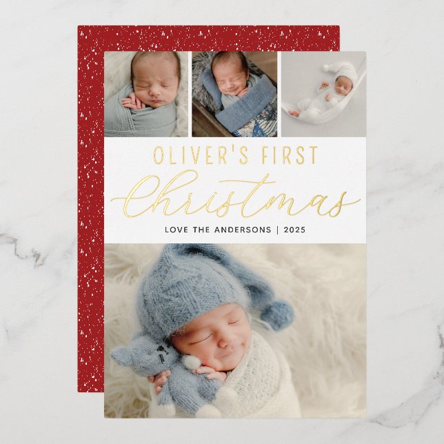 Carte De Vœux En Aluminium Bébés First Christmas Photo Collage Gold (Recto/Verso)