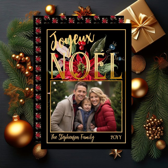 Carte De Vœux En Aluminium Belle Poinsettia et Berries Joyeux Noël ("Joyeux Noël" French "Merry Christmas" Gold Foil and Black Poinsettia | Berries Flat Greeting Card)