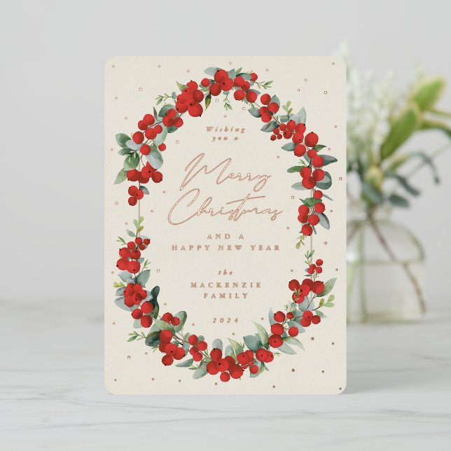 Carte De Vœux En Aluminium Berries rouges + Eucalyptus cadre botanique Noël (Debout devant)