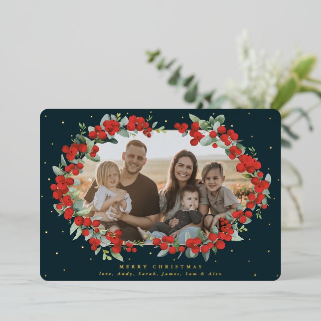 Carte De Vœux En Aluminium Berry rouge foncé + Eucalyptus Photo de Noël (Debout devant)