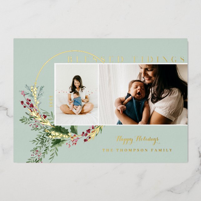 Carte De Vœux En Aluminium Bienheureux Tidings Aquarelle Verdure Wreath Photo (Recto)