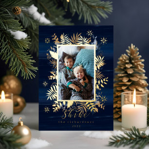 Carte De Vœux En Aluminium Bijoux Marine & Or Plumes & Foliage Photo Wreath