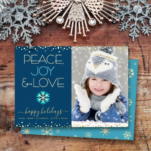 Carte De Vœux En Aluminium Bleu marine Paix Joie Amour Photo Flocon de neige