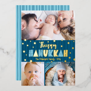 Carte De Vœux En Aluminium Blue 3 Photo Happy Hanoukka Fun Modern Real Gold