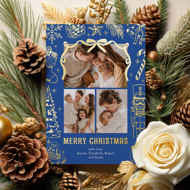 Carte De Vœux En Aluminium Blue Doodle 3 Photo Christmas Gold (Créateur téléchargé)