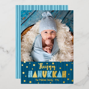 Carte De Vœux En Aluminium Blue Happy Hanoukka Photo Cute Modern Real Gold