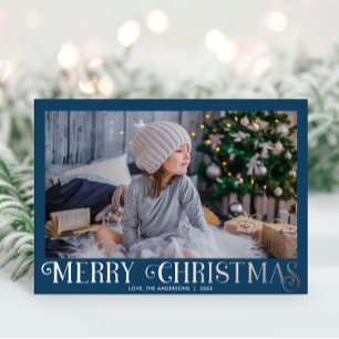 Carte De Vœux En Aluminium Blue Silver Foil Moderne Joyeux Noël photo