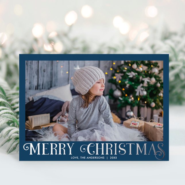Carte De Vœux En Aluminium Blue Silver Foil Moderne Joyeux Noël photo (Créateur téléchargé)