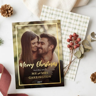 Carte De Vœux En Aluminium Boho Chic Plaid Or Premier Noël de Mariés Photo