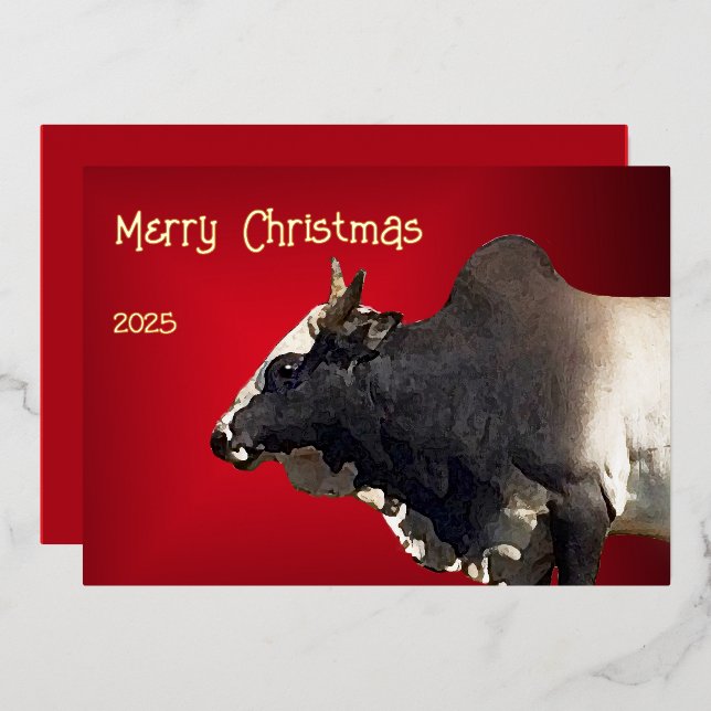 Carte De Vœux En Aluminium Bold Red Brahma Bull Cattle Farmer Christmas (Recto/Verso)
