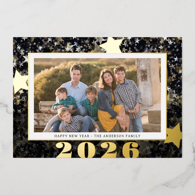 Carte De Vœux En Aluminium Bonne année 2024 Star Confetti Photo (Recto)