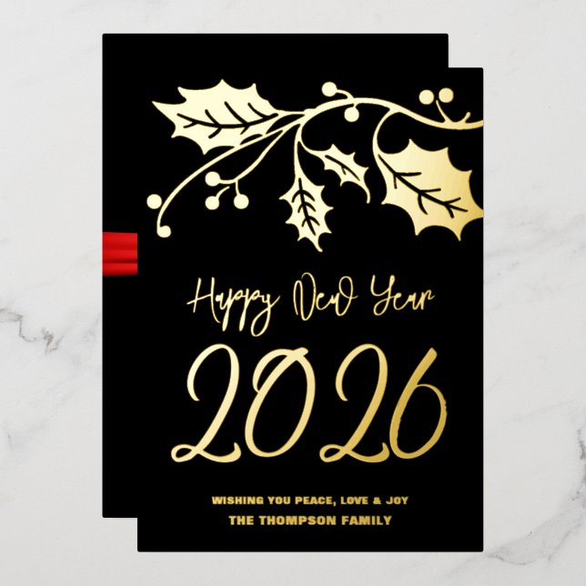 Carte De Vœux En Aluminium Bonne année 2026, ruban rouge (Recto/Verso)