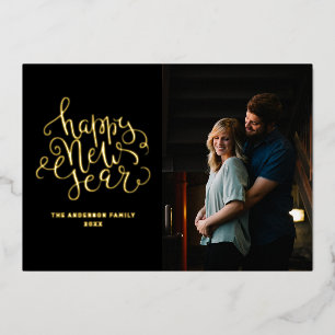 Carte De Vœux En Aluminium Bonne année. Élégant script en or noir photo