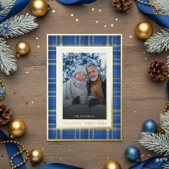 Carte De Vœux En Aluminium Bonnes Fêtes Classic Blue Gold Plaid (Créateur téléchargé)