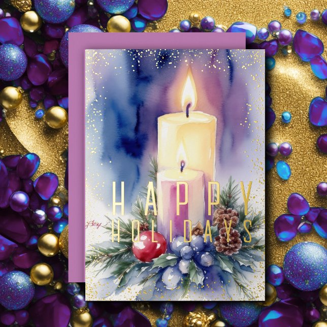 Carte De Vœux En Aluminium Bougie de Noël couleur aquarelle violet (Créateur téléchargé)