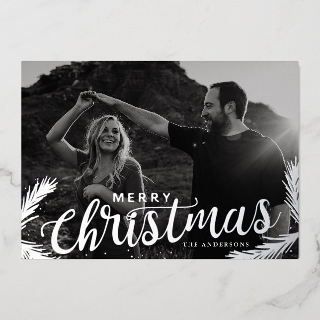 Carte De Vœux En Aluminium Branches de pin Joyeux Noël Photo Argent (Recto)
