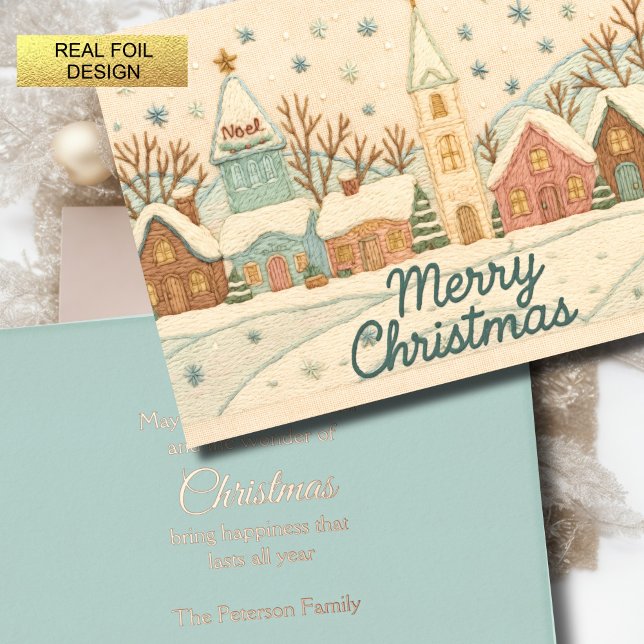 Carte De Vœux En Aluminium Broderie Noël Snowy Village scène (Créateur téléchargé)