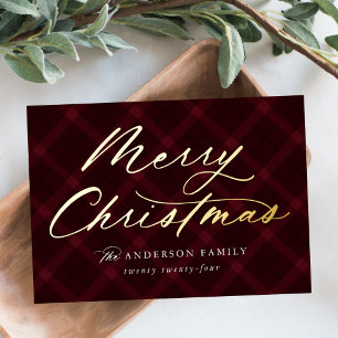 Carte De Vœux En Aluminium Brossé Bourgogne Plaid Joyeux Noël Non Photo