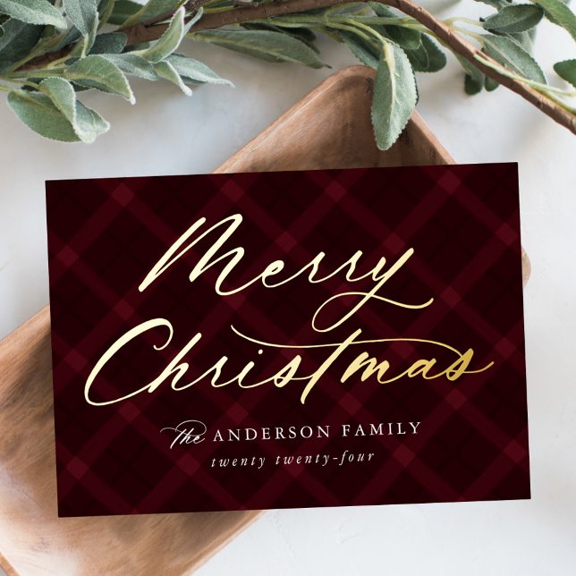 Carte De Vœux En Aluminium Brossé Bourgogne Plaid Joyeux Noël Non Photo (Créateur téléchargé)