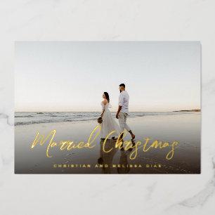Carte De Vœux En Aluminium Brosse de Noël Marié Script Photo de Noël
