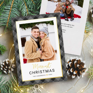 Carte De Vœux En Aluminium Buffle noir gris moderne Plaid Photo de Noël