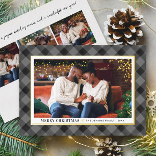 Carte De Vœux En Aluminium Buffle noir gris moderne Plaid Photo de Noël