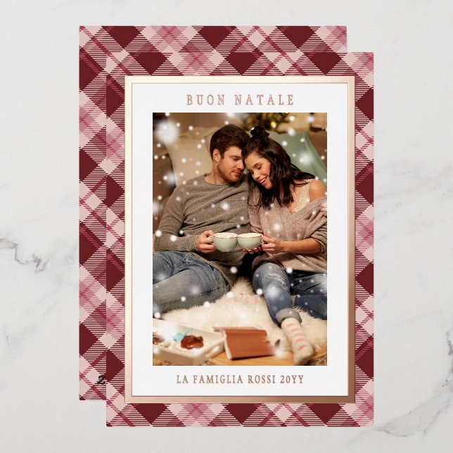 Carte De Vœux En Aluminium Buon Natale rose Rouge Tartan Photo (Recto/Verso)