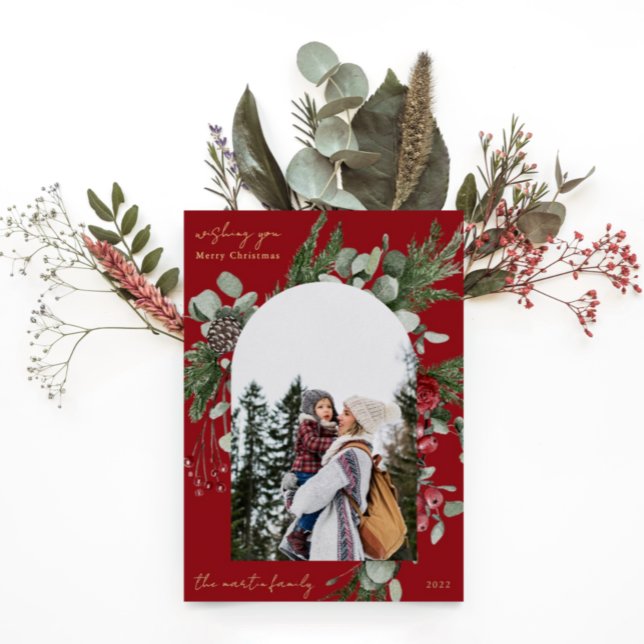 Carte De Vœux En Aluminium Cadre botanique d'hiver Rouge Deux photos Noël (Créateur téléchargé)