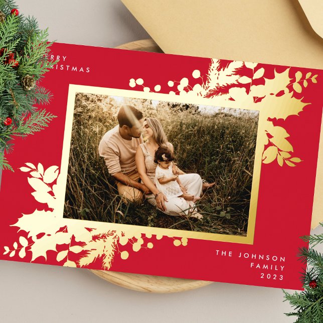 Carte De Vœux En Aluminium Cadre photo botanique moderne Red Christmas Gold (Créateur téléchargé)