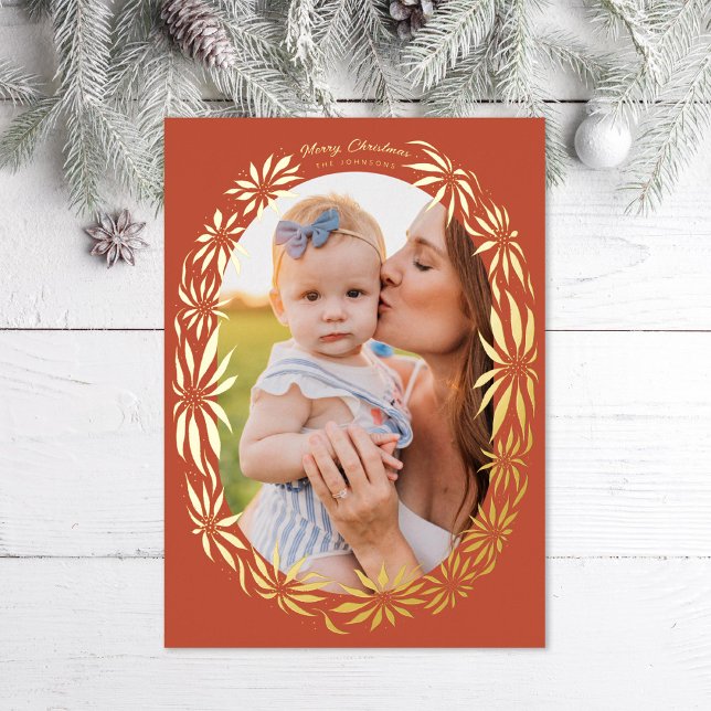 Carte De Vœux En Aluminium Cadre photo ovale poinsettia rétro rouge (Créateur téléchargé)