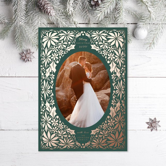 Carte De Vœux En Aluminium Cadre photo ovale vert de poinsettia délicat rose (Créateur téléchargé)