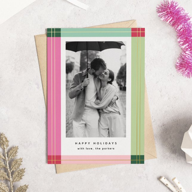 Carte De Vœux En Aluminium Cadre rose moderne Cadres de Noël Photo (modern colourful geometric frame holiday photo card in nontraditional colours.)