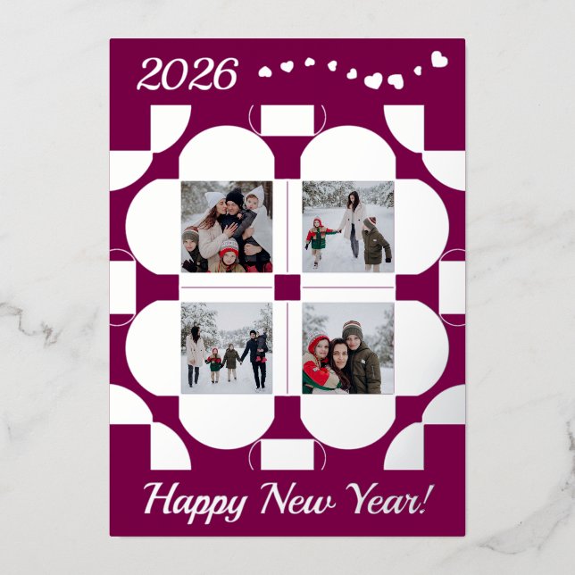 Carte De Vœux En Aluminium Cadres d'argent géométrique - 4 photos heureux nou (Recto)