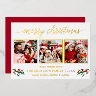Carte De Vœux En Aluminium Calligraphie 3 Photo Noël Rouge Holly Gold